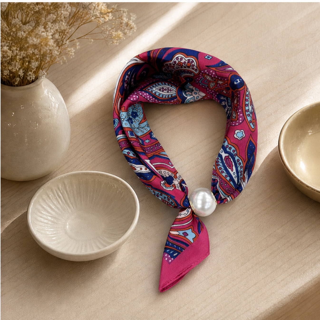 HS Parelsjaal Satijnprint - Meerdere Prints - Fuchsia Paisley - sfeerbeeld