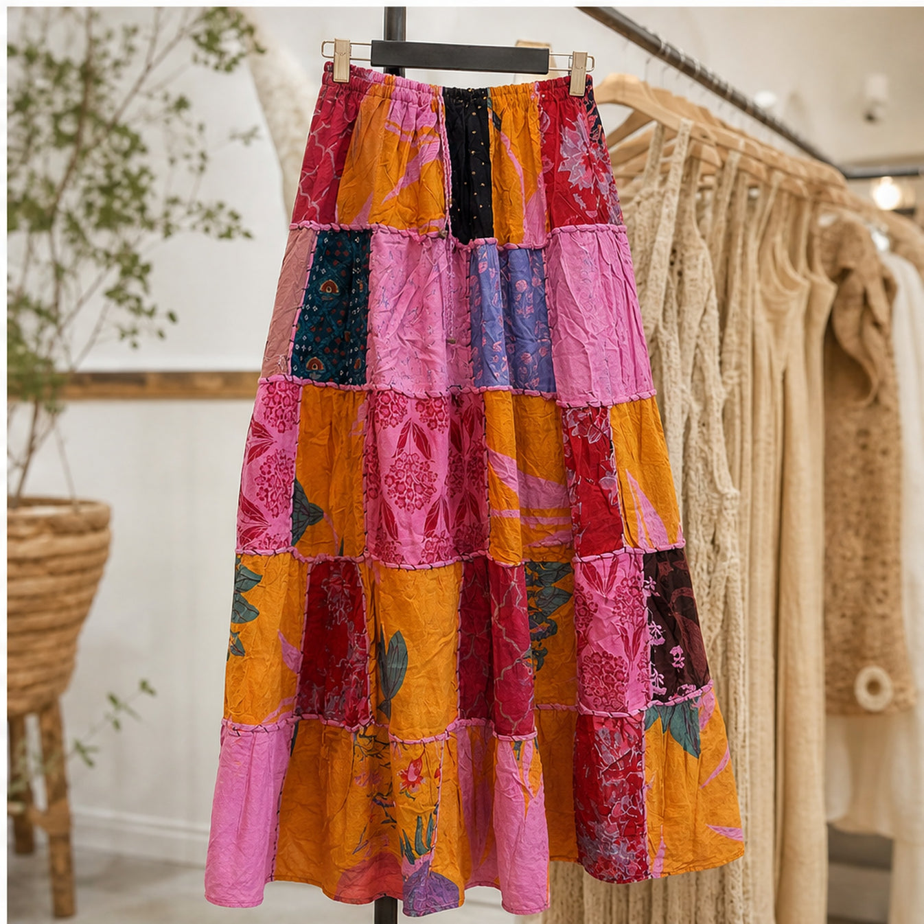 HS Rok Patchwork - Handmade in India - Roze/Oranje Patchwork - sfeerbeeld