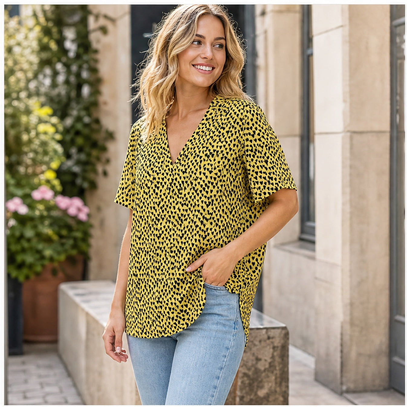 Angelle Milan Shirt - Geel Zwarte Hartjesprint - sfeerbeeld