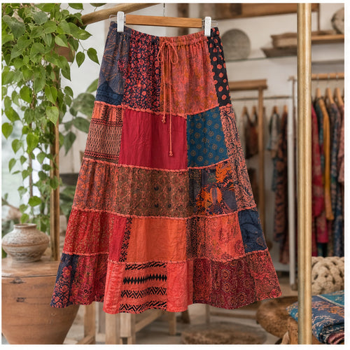 HS Rok Patchwork - Handmade in India - Rood/Roze Patchwork - sfeerbeeld