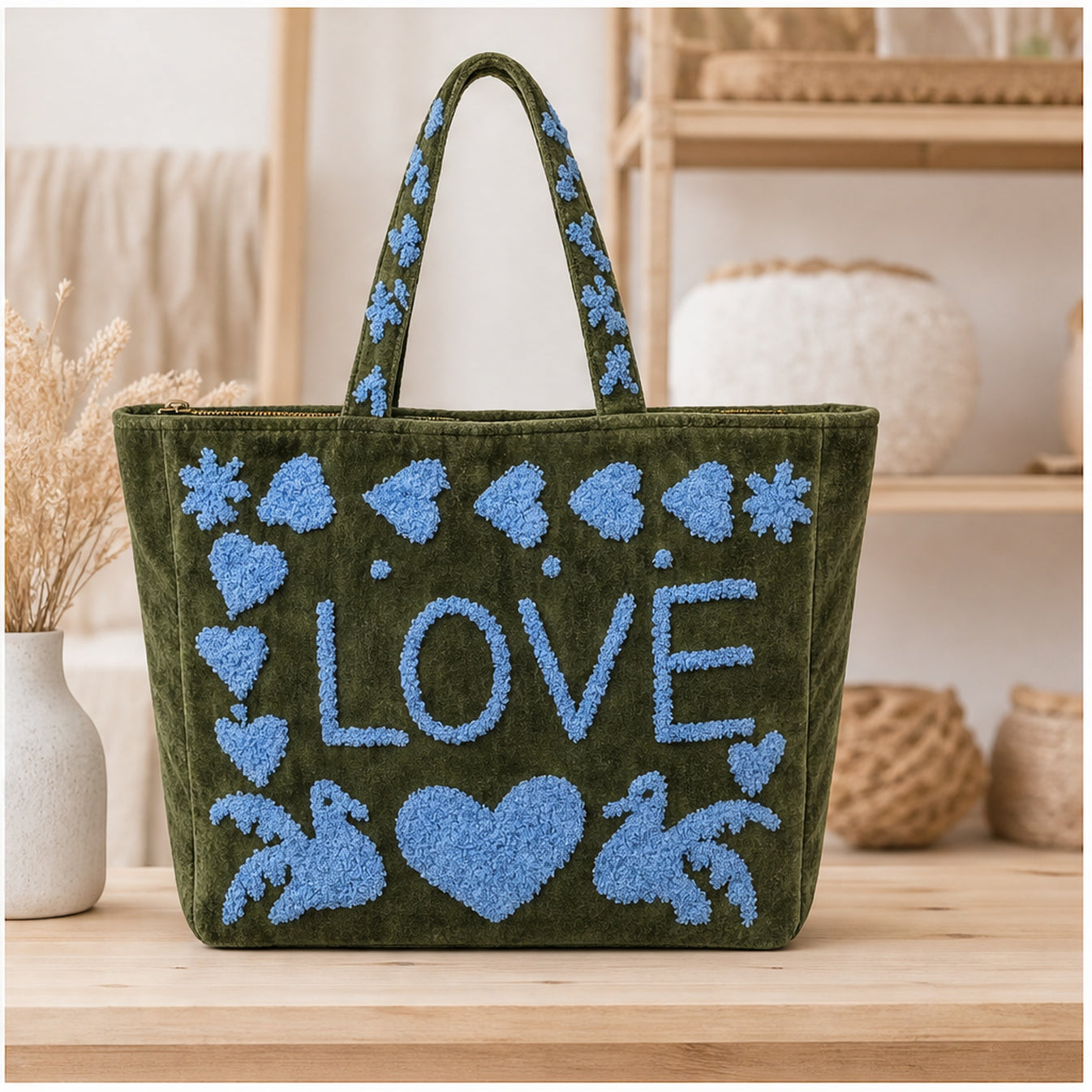 HS Velvet Tas Love Peace Olijfgroen - sfeerbeeld