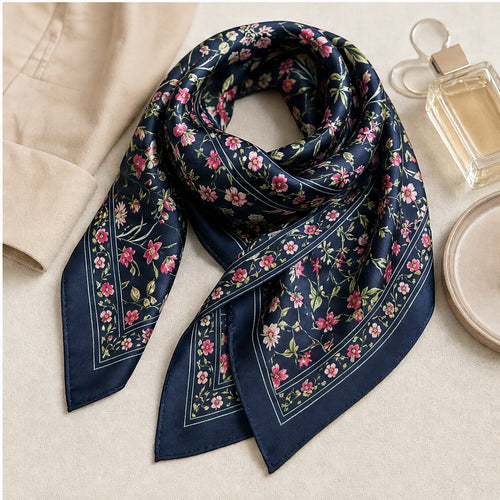 HS 70x70 Satijnen Look Sjaal Bloemenprint - Meerdere Prints - Navy Bloemenprint - sfeerbeeld