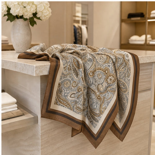 HS Zijde Look Sjaal 70x70 - Taupe Paisley Bruine Rand - sfeerbeeld