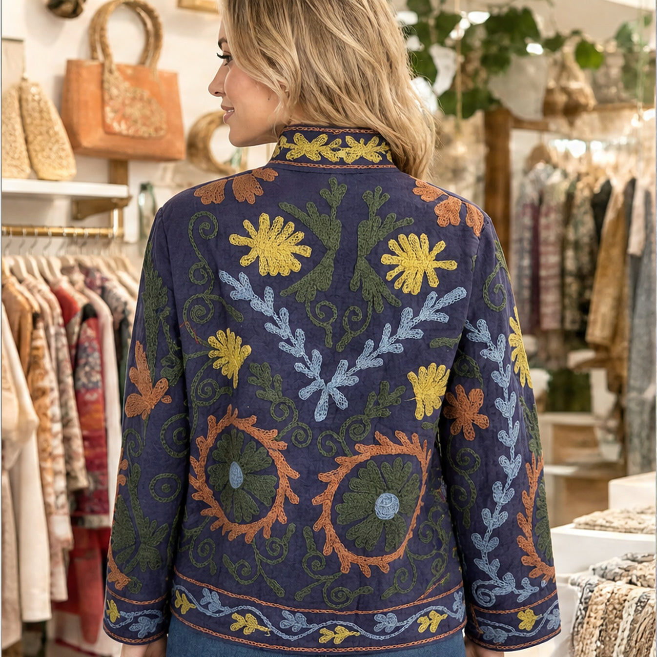 HS Luchtige Katoenen Damesjas Retro Bloemenprint - Antraciet Bloemenprint - sfeerbeeld