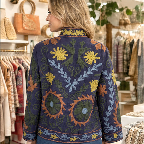 HS Luchtige Katoenen Damesjas Retro Bloemenprint - Antraciet Bloemenprint - sfeerbeeld