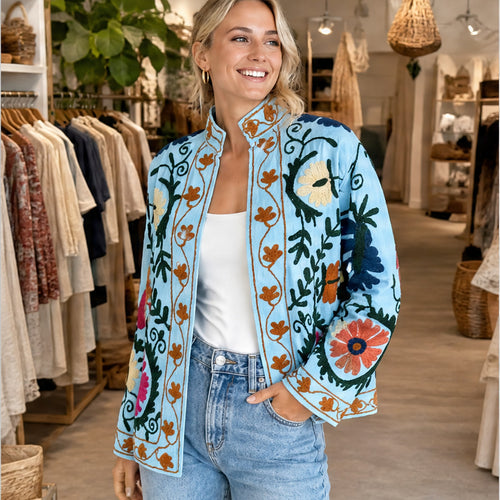 HS Luchtige Katoenen Damesjas Folklore Print - Lichtblauw Bohemian Print - sfeerbeeld