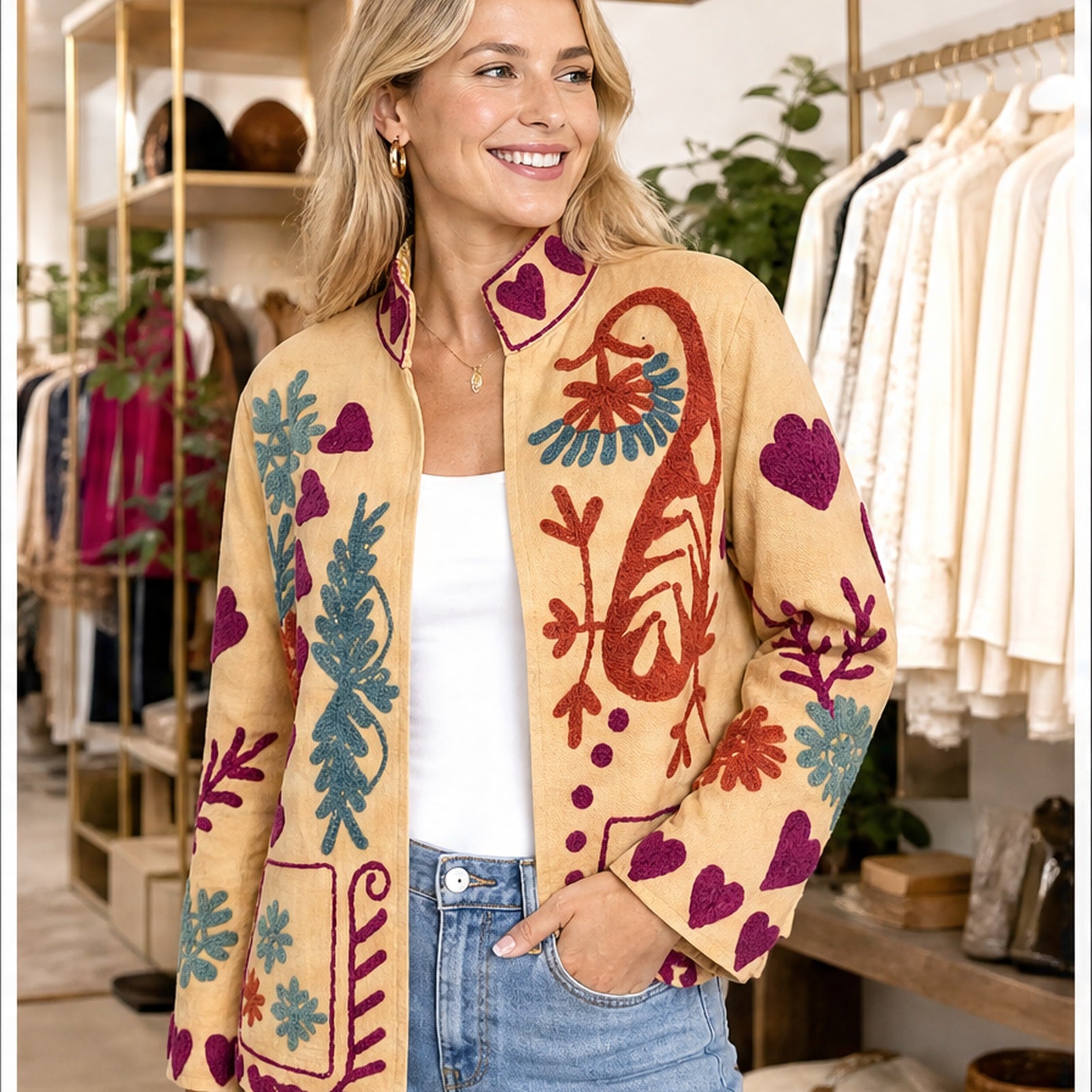 HS Luchtige Katoenen Damesjas Folklore Print - Creme Kleurrijke Bloemenprint - sfeerbeeld