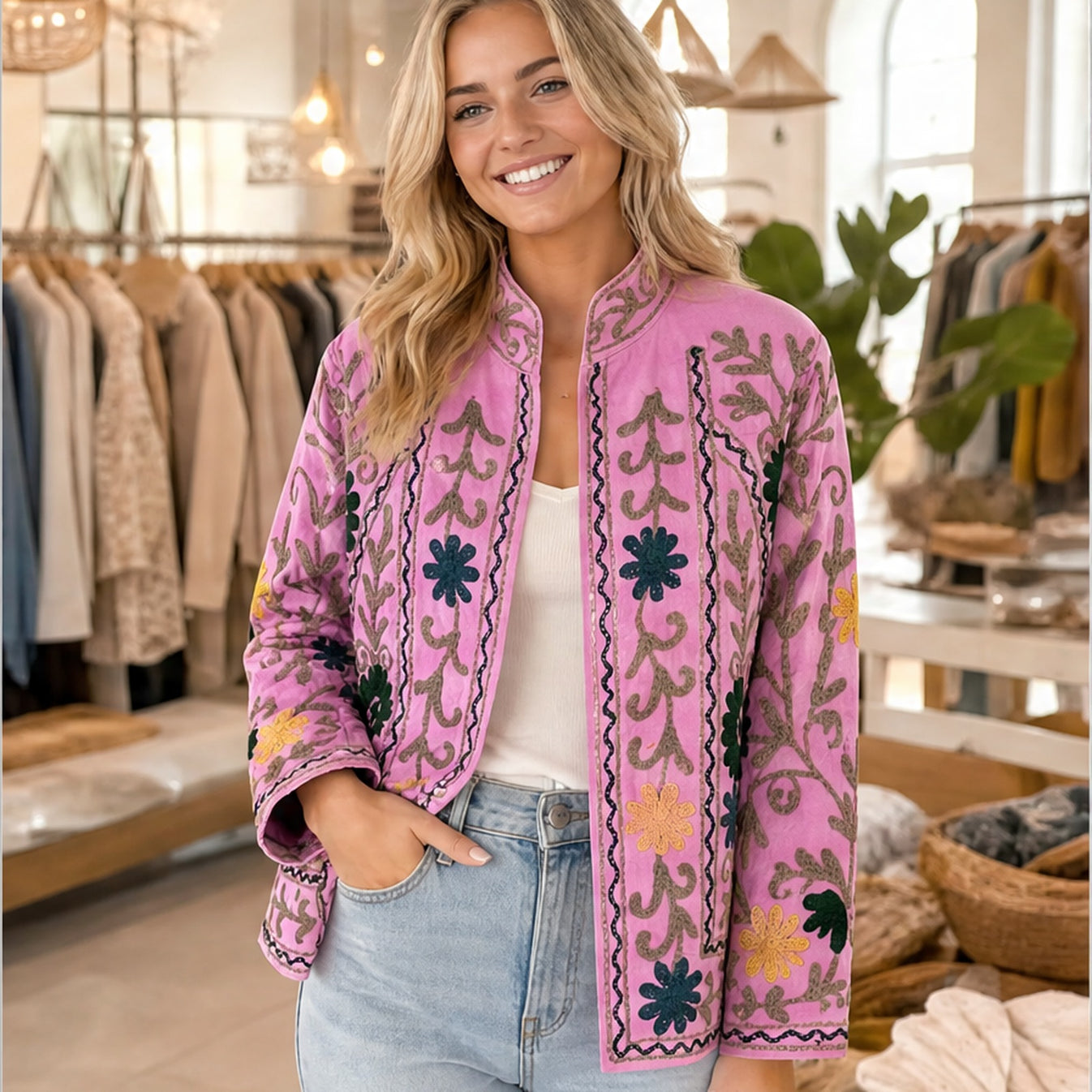 HS Luchtige Katoenen Damesjas Roze Bloemenprint - One Size - sfeerbeeld