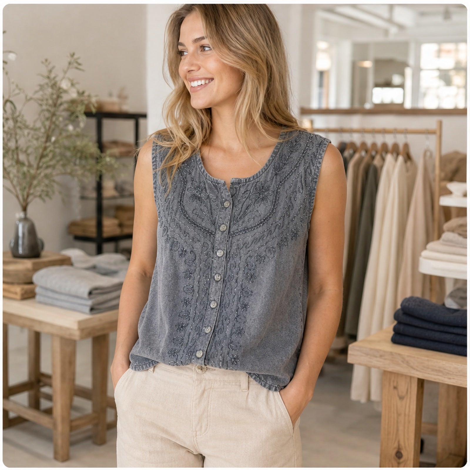 HS Mouwloos Shirt - Meerdere Kleuren - Donkergrijs Borduursel - sfeerbeeld
