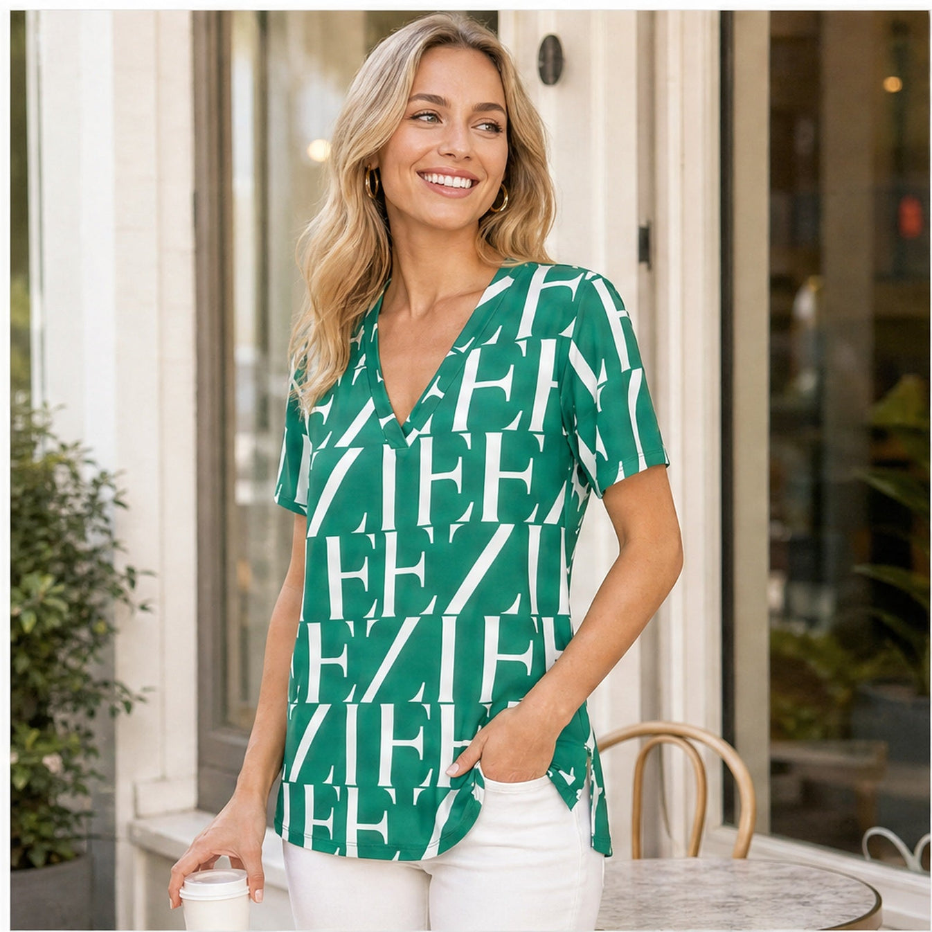 Angelle Milan Shirt - Groen Wit Letterprint - sfeerbeeld