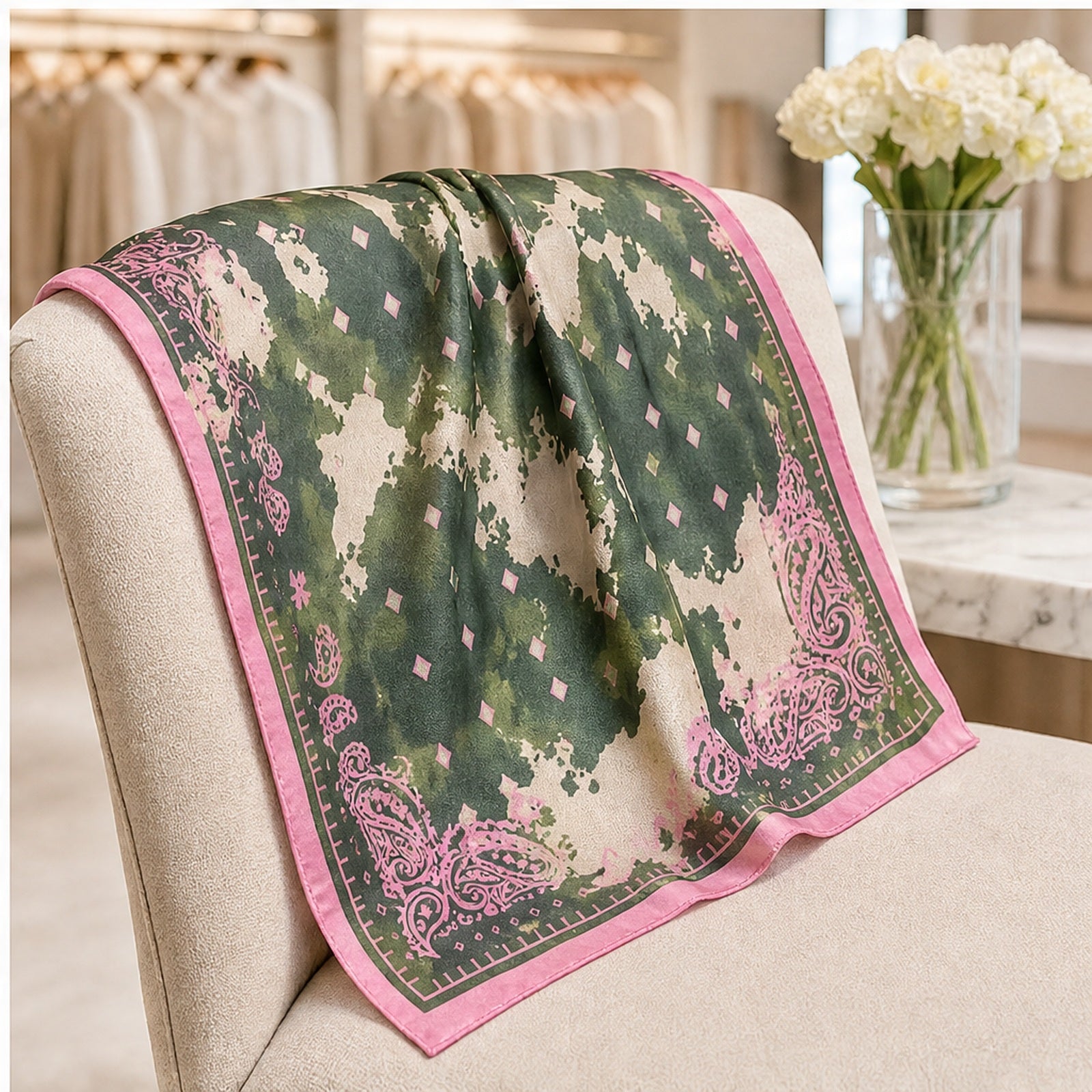 HS Zijde Look Sjaal 70x70 - Legergroen Paisley Roze Rand - sfeerbeeld