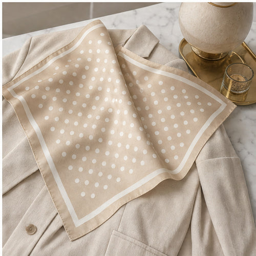 HS 70x70 Satijnen Look Sjaal Stippenprint - Meerdere Kleuren - Beige Witte Stippen - sfeerbeeld