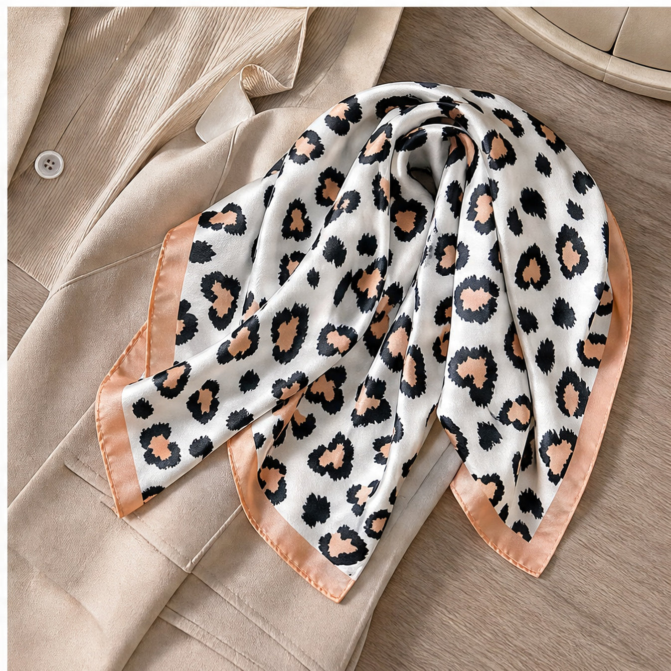 HS 70x70 Satijnen Look Sjaal Animalprint - Meerdere Prints - Perzik Leopardprint - sfeerbeeld