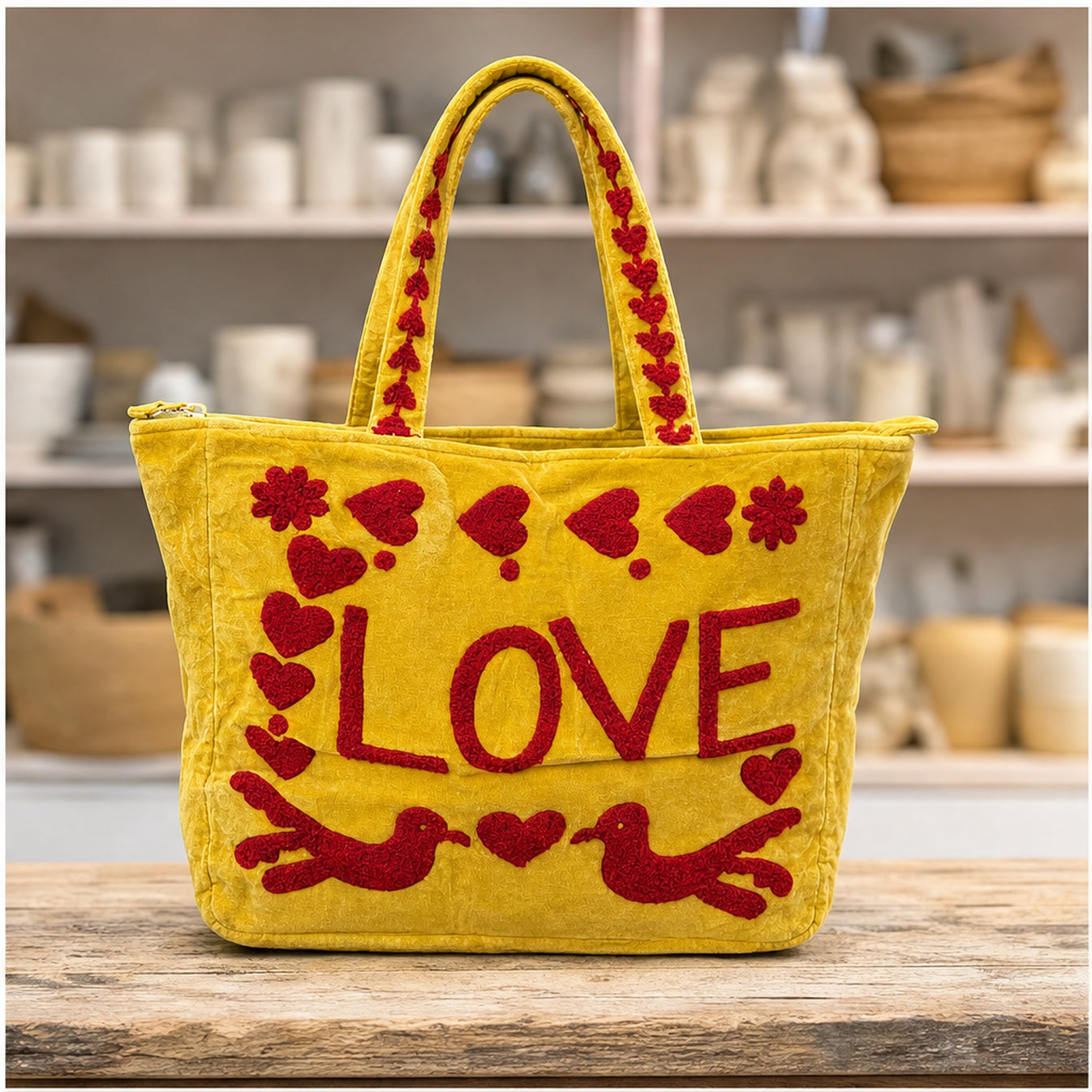 HS Velvet Tas Love Peace Geel - sfeerbeeld