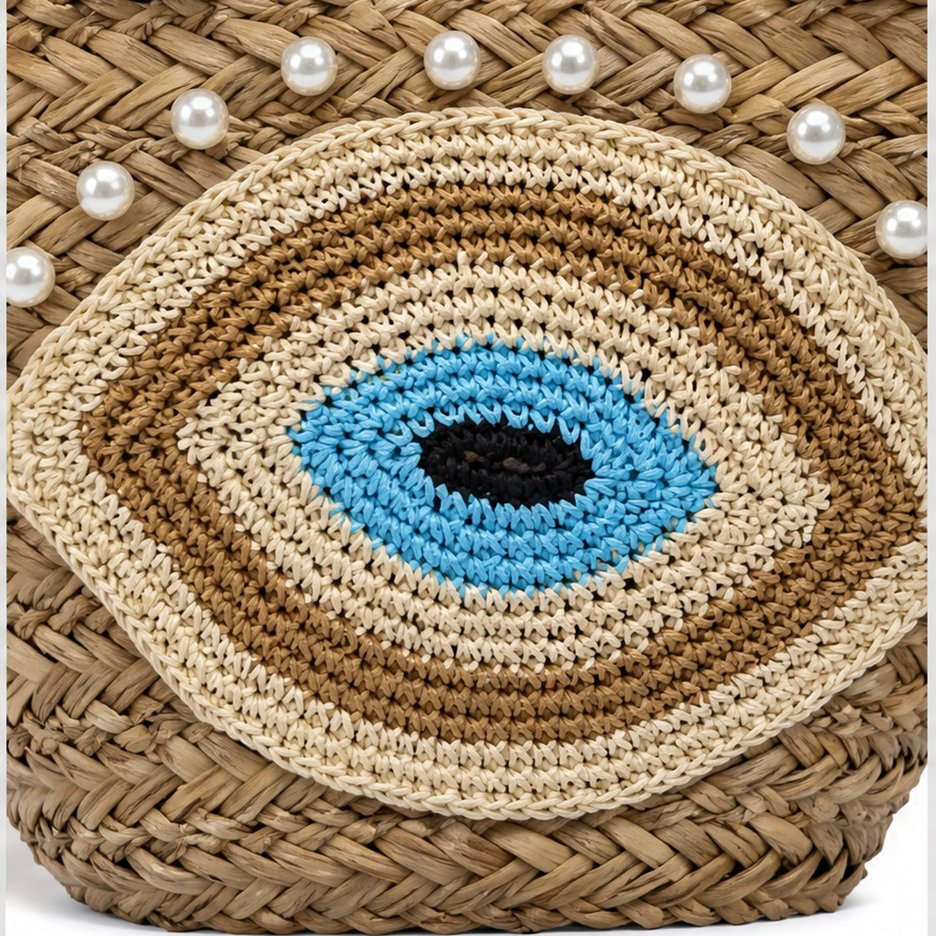 HS Ibiza Strandtas - Naturel Oog Turquoise Parel - detail van materiaal en afwerking