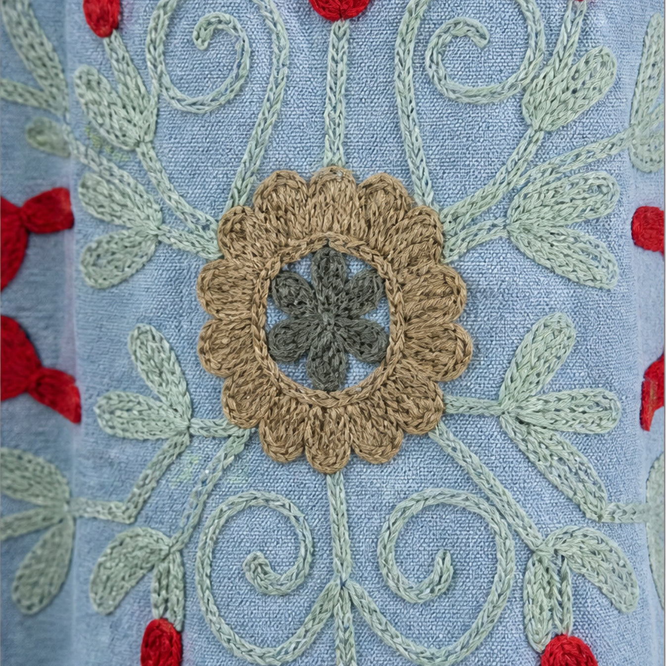 HS Luchtige Katoenen Damesjas Lichtblauw Bloemenprint - One Size - detail van stof en afwerking