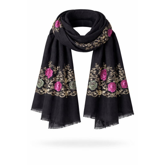 HS Sjaal - In 4 Kleuren - Langwerpig design met Rozen - Zwart