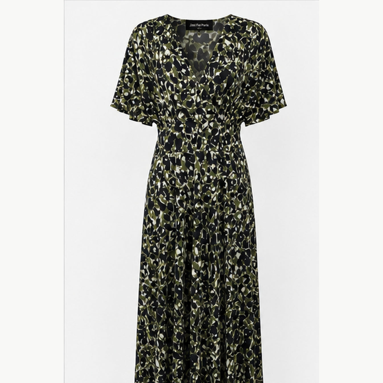 Jimi Fei Paris Maxi Jurk Dames - One Size - Zwart Olijf Abstracte Print - front