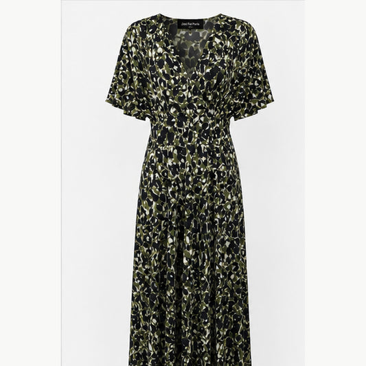 Jimi Fei Paris Maxi Jurk Dames - One Size - Zwart Olijf Abstracte Print - front