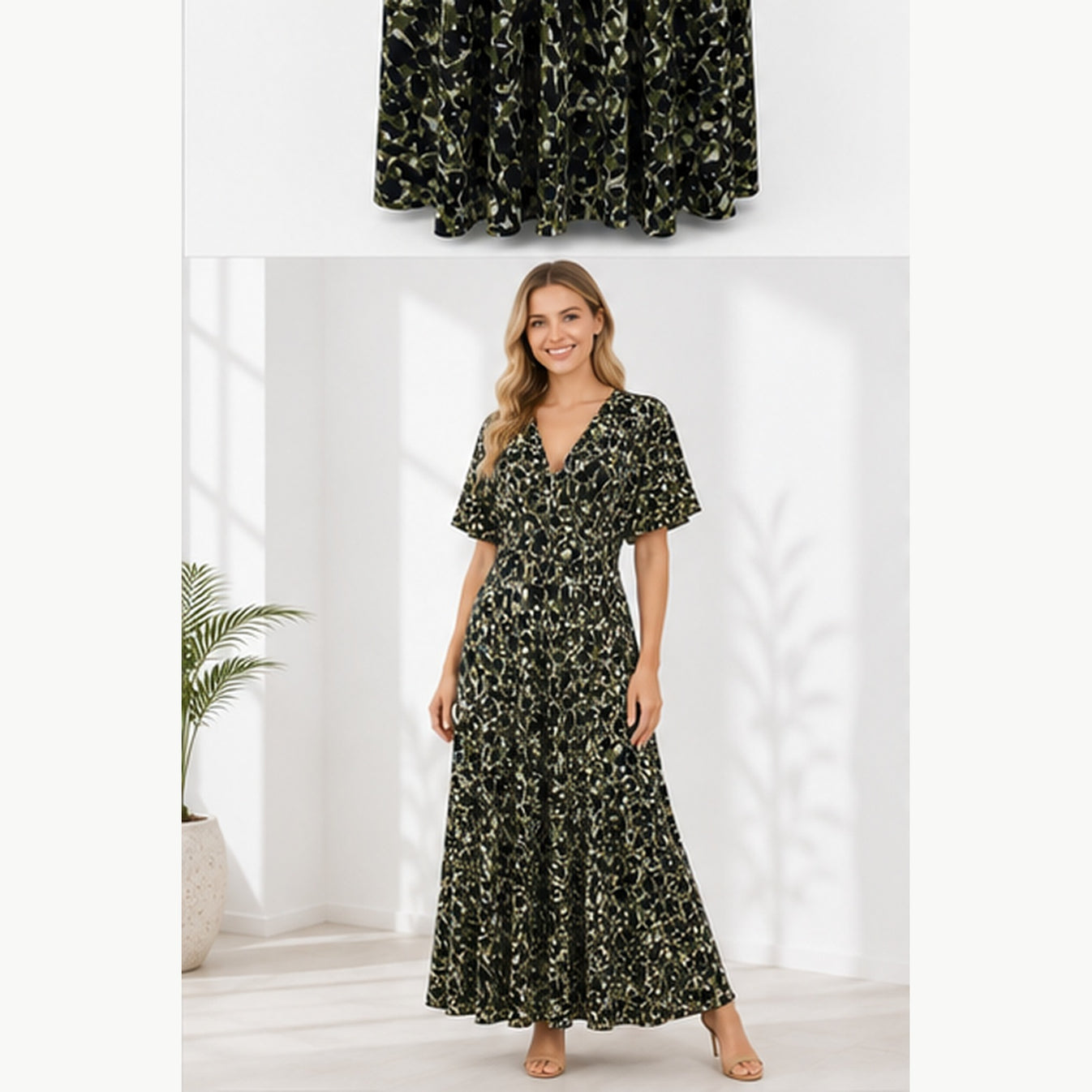 Jimi Fei Paris Maxi Jurk Dames - One Size - Zwart Olijf Abstracte Print - on model