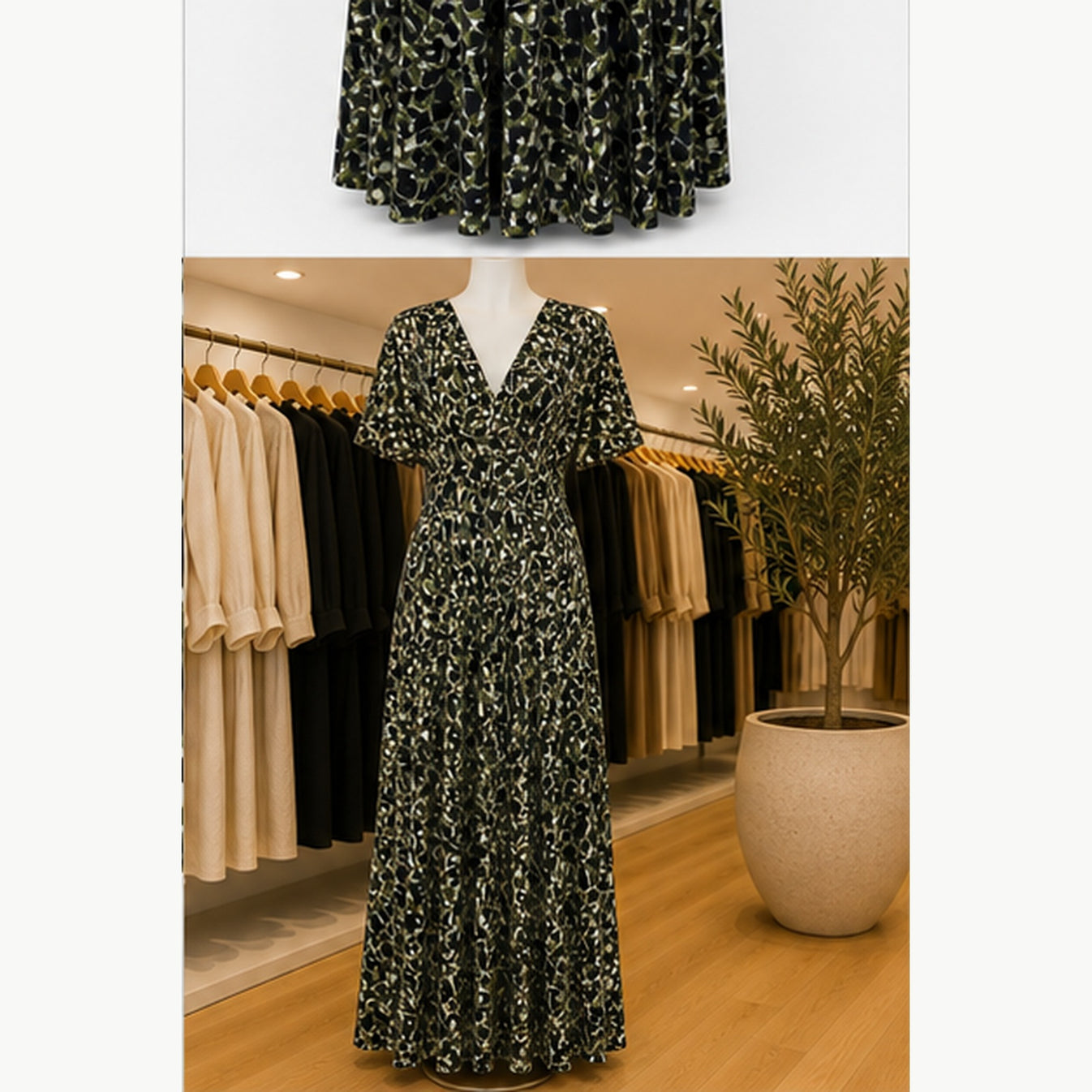 Jimi Fei Paris Maxi Jurk Dames - One Size - Zwart Olijf Abstracte Print - in setting