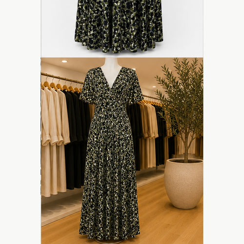 Jimi Fei Paris Maxi Jurk Dames - One Size - Zwart Olijf Abstracte Print - in setting