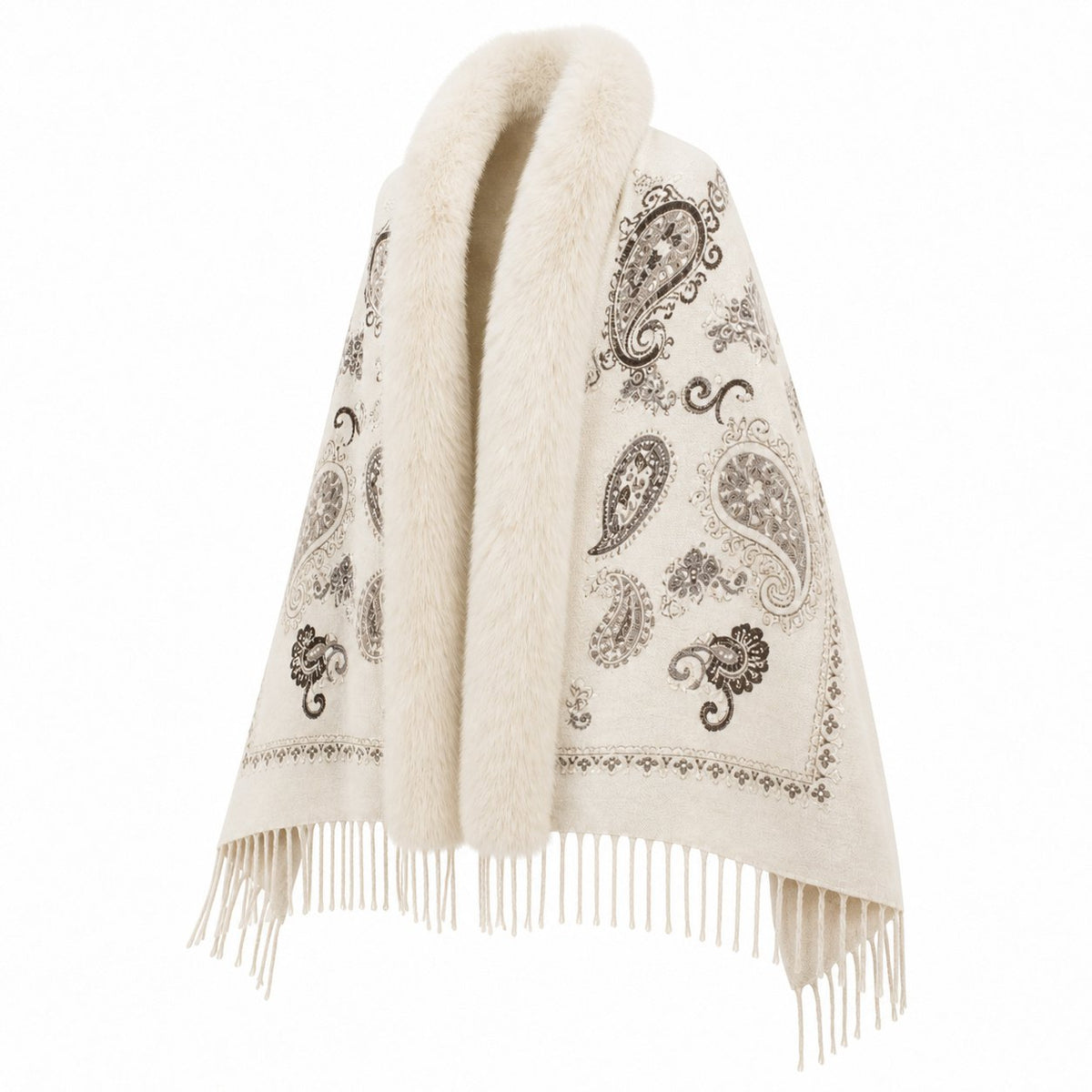 Paisley Stola met Faux Fur Rand - 65x180 cm