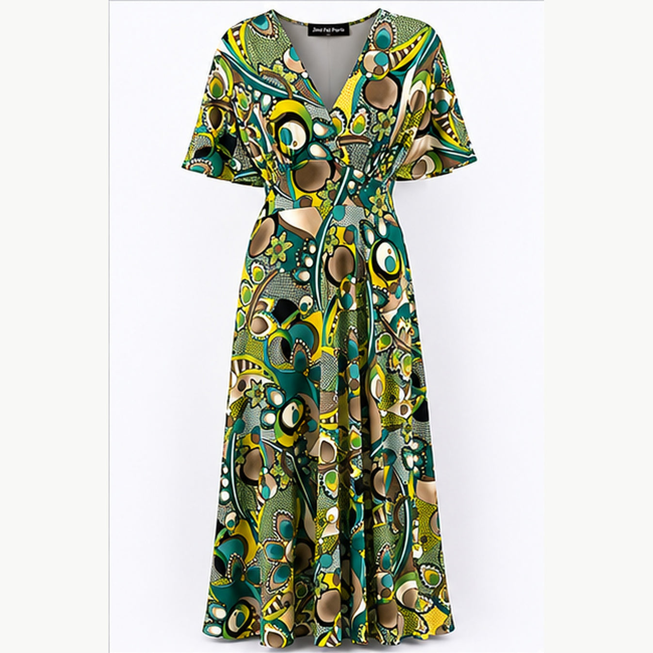 Jimi Fei Paris Maxi Jurk Dames - One Size - Teal Olijf Cirkelprint - front