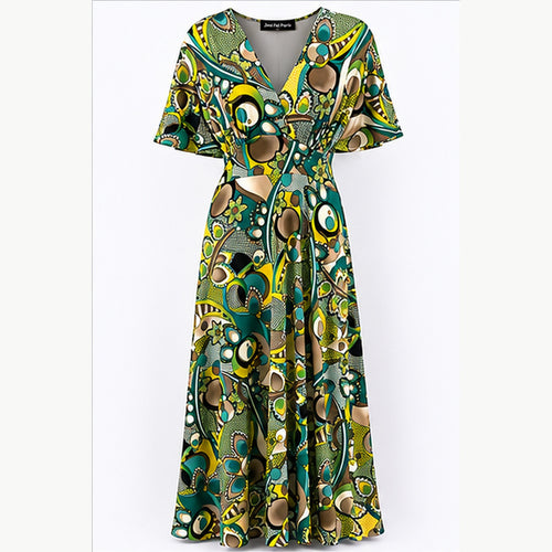 Jimi Fei Paris Maxi Jurk Dames - One Size - Teal Olijf Cirkelprint - front