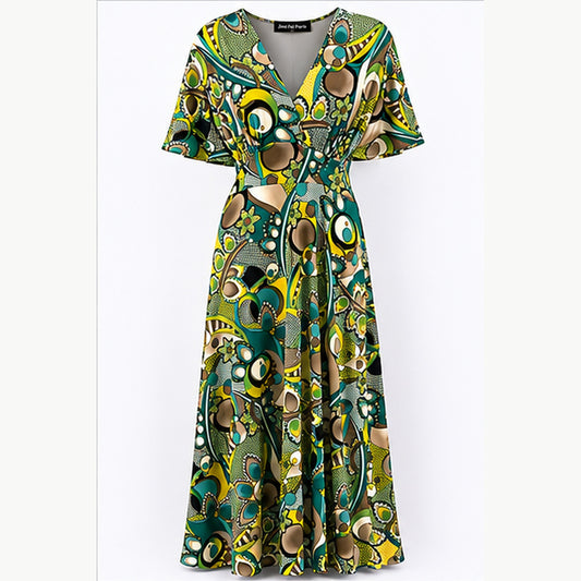Jimi Fei Paris Maxi Jurk Dames - One Size - Teal Olijf Cirkelprint - front