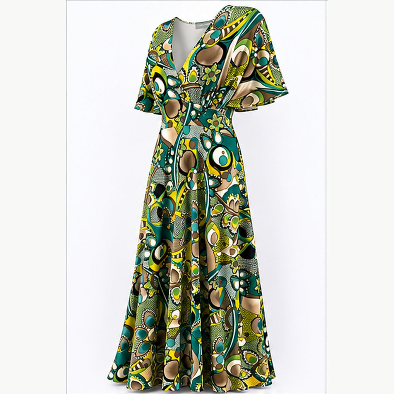 Jimi Fei Paris Maxi Jurk Dames - One Size - Teal Olijf Cirkelprint - side