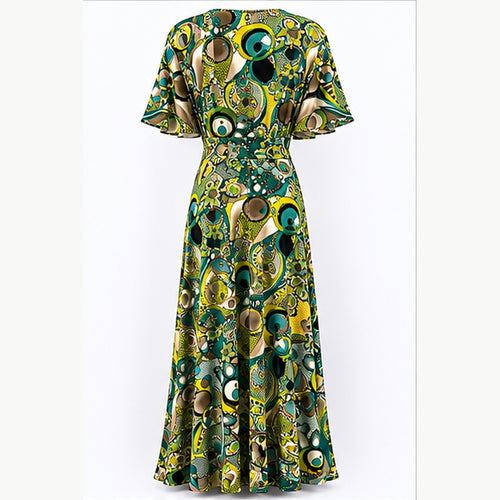 Jimi Fei Paris Maxi Jurk Dames - One Size - Teal Olijf Cirkelprint - back