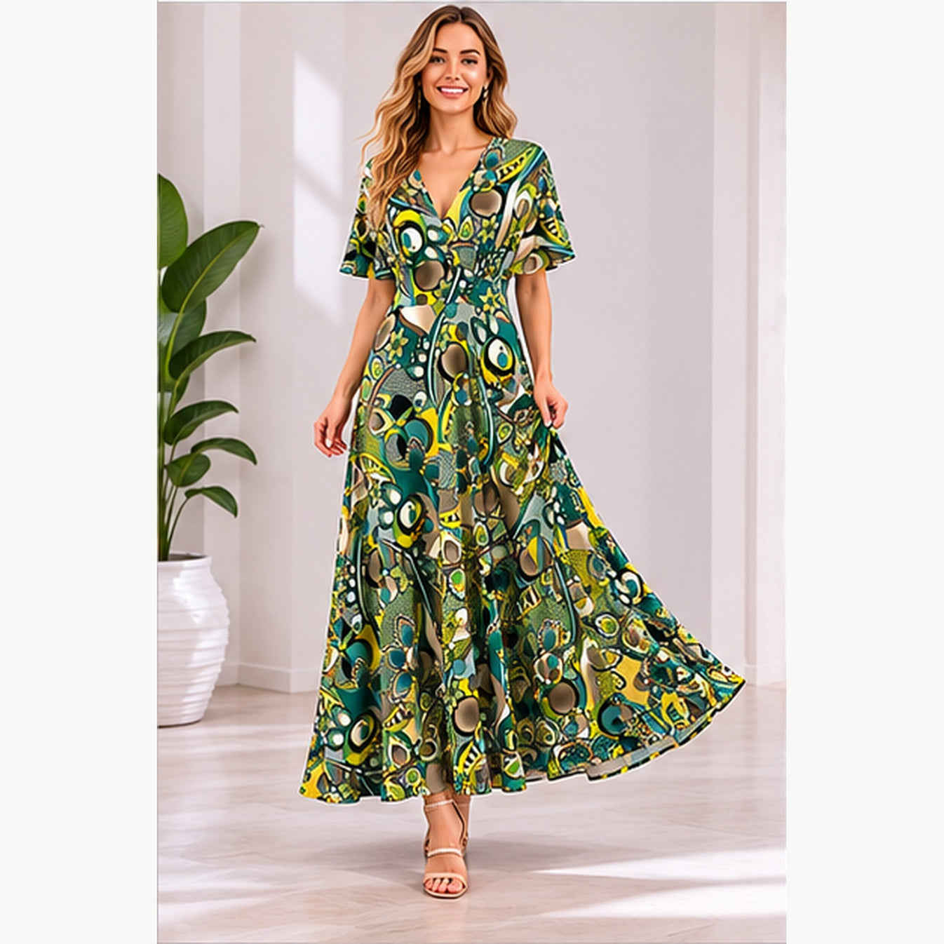 Jimi Fei Paris Maxi Jurk Dames - One Size - Teal Olijf Cirkelprint - on model
