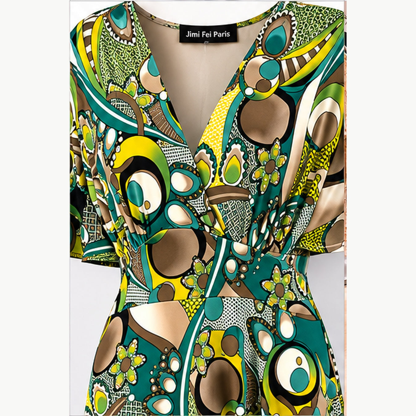 Jimi Fei Paris Maxi Jurk Dames - One Size - Teal Olijf Cirkelprint - detail