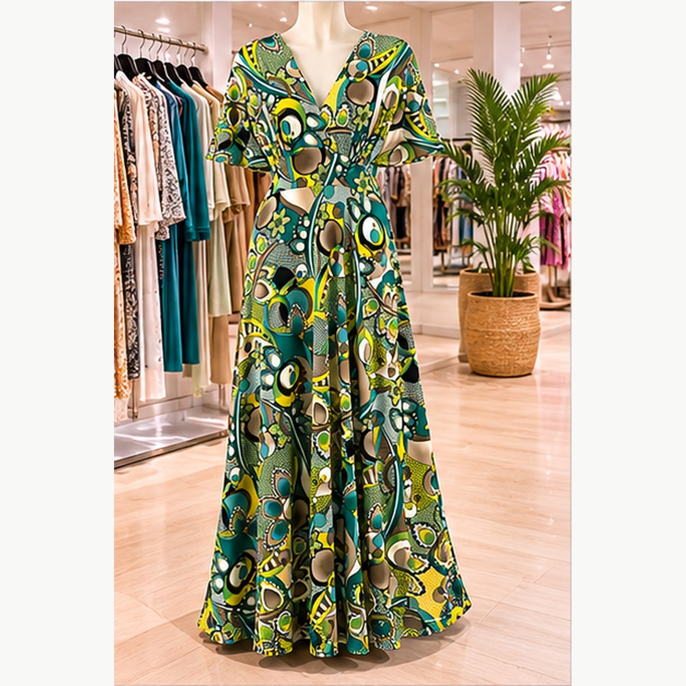 Jimi Fei Paris Maxi Jurk Dames - One Size - Teal Olijf Cirkelprint - in setting