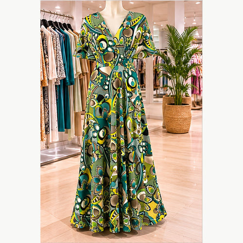 Jimi Fei Paris Maxi Jurk Dames - One Size - Teal Olijf Cirkelprint - in setting