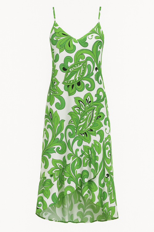Angelle Milan Maxi Zomerjurk – Groen Abstract Bladmotief – Travelstof – Spaghettibandjes – V-Ruffle Zoom – Maten S t/m XXL - Mapsy B.V