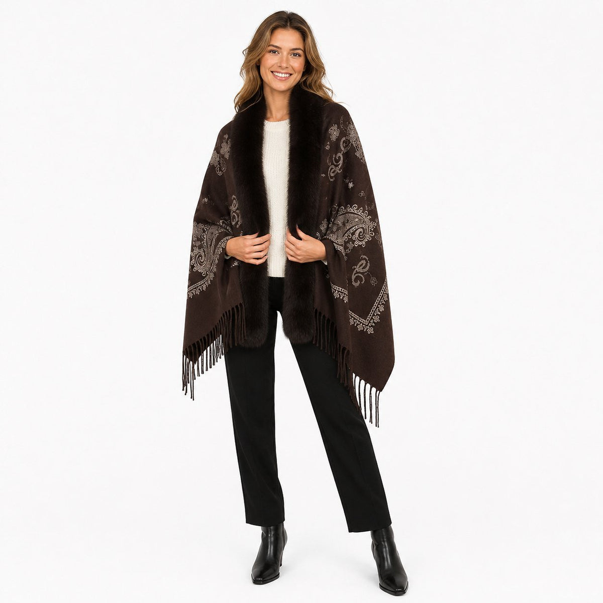 Paisley Stola met Faux Fur Rand - 65x180 cm