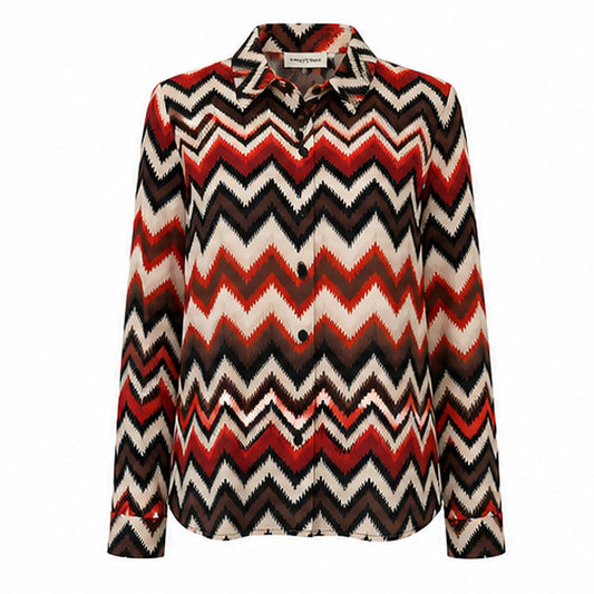 Angelle Milan Travelstof Blouse - Rood Bruin Crème Chevronprint