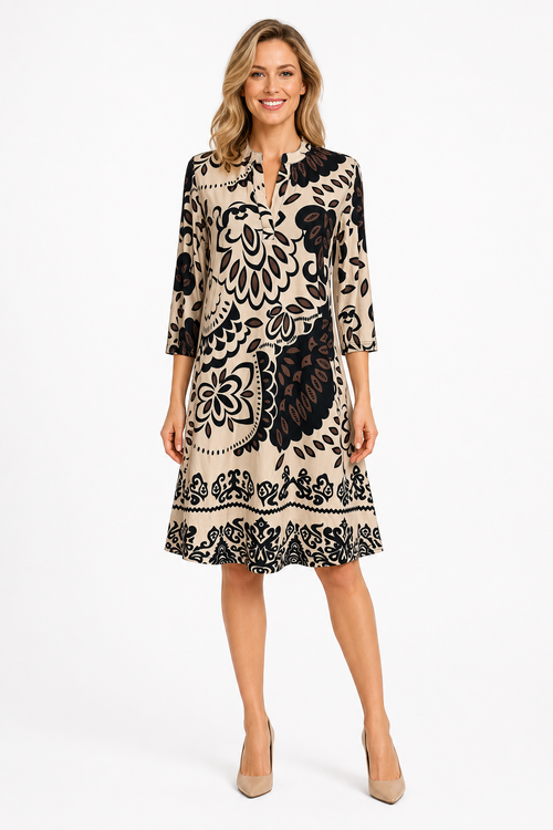 Angelle Milan Travelstof Jurk - Crème Zwart Bruin Botanische Print