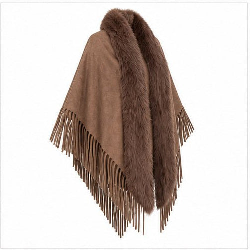 Suedine Driehoek Poncho met Franjes & Faux Fur Kraag