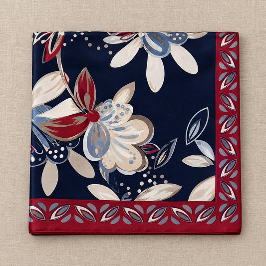 Satijnen Sjaal 70x70 - Marine Bloemenprint
