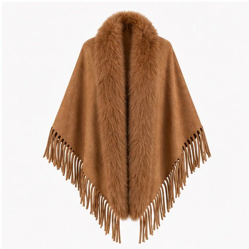 Suedine Driehoek Poncho met Franjes & Faux Fur Kraag