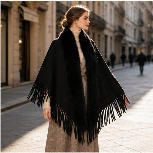 Suedine Driehoek Poncho met Franjes & Faux Fur Kraag