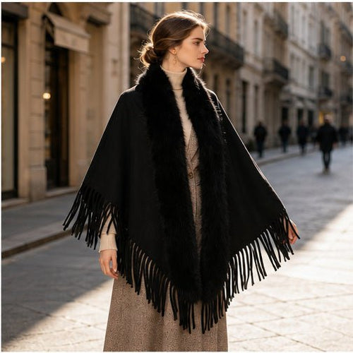 Suedine Driehoek Poncho met Franjes & Faux Fur Kraag