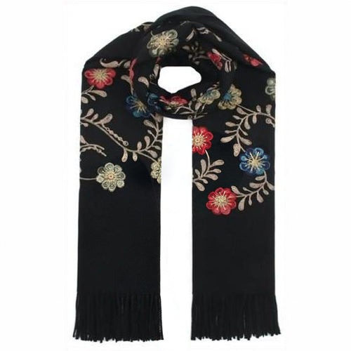 Viscose-Wol Sjaal met Bloemenborduursel - 72x180 cm