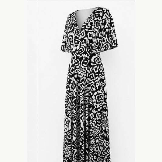 Jimi Fei Paris Maxi Jurk Dames - One Size - Zwart Wit Ornamentprint - side