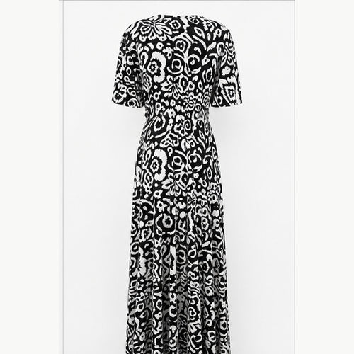 Jimi Fei Paris Maxi Jurk Dames - One Size - Zwart Wit Ornamentprint - back