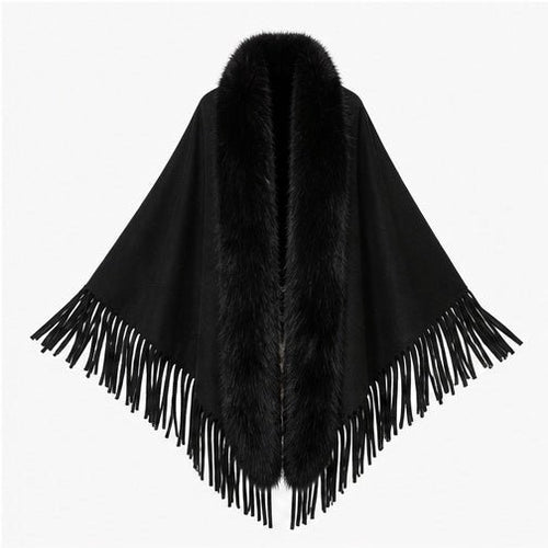 Suedine Driehoek Poncho met Franjes & Faux Fur Kraag