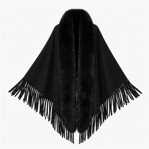 Suedine Driehoek Poncho met Franjes & Faux Fur Kraag